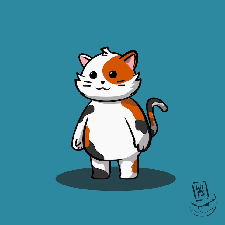 un gato de dibujos animados con un gato de rayas blancas y naranjas en un fondo azul