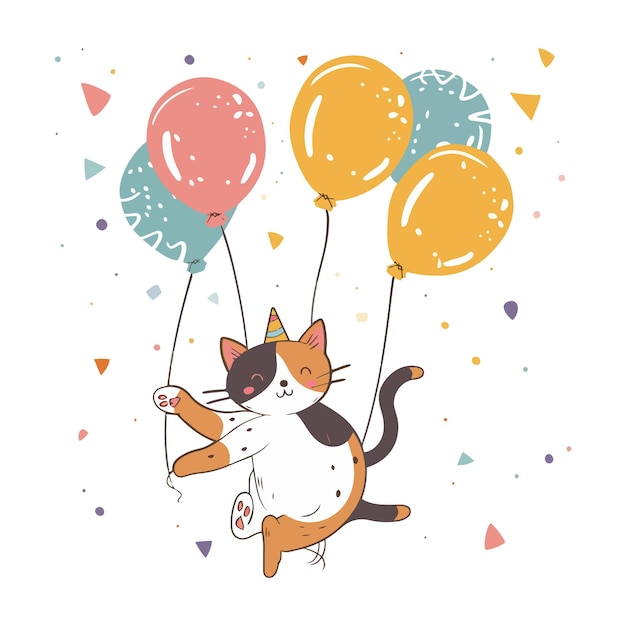 un gato de dibujos animados con globos que dicen "gato" y un gato