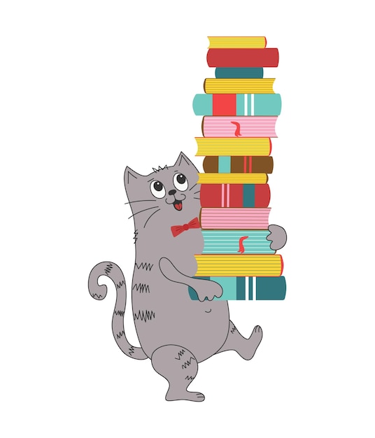 Gato de dibujos animados con una gran pila de libros Escuela de estudio del Día del Conocimiento Día Mundial del Libro Derechos de autor Conceptos de alfabetización de lectura