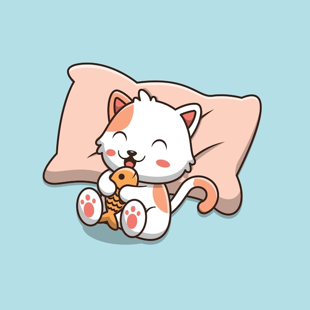 Gato de dibujos animados lindo acostado en la almohada y sosteniendo pescado