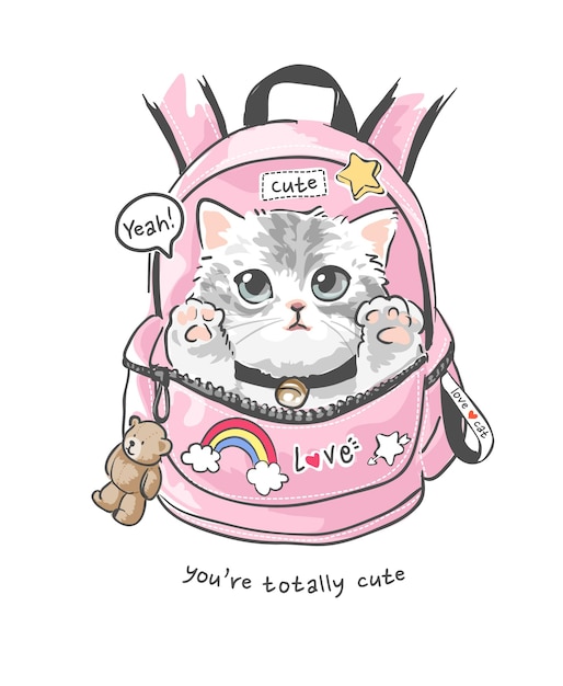 gato de dibujos animados lindo en ilustración de mochila rosa