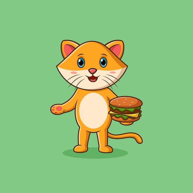 Gato de dibujos animados lindo con ilustración de vector de hamburguesa
