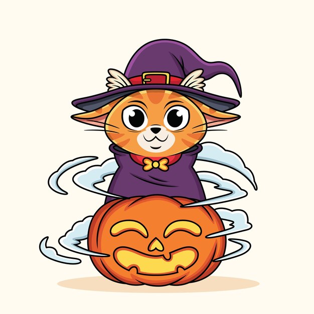 Gato de dibujos animados lindo con traje de bruja con calabaza