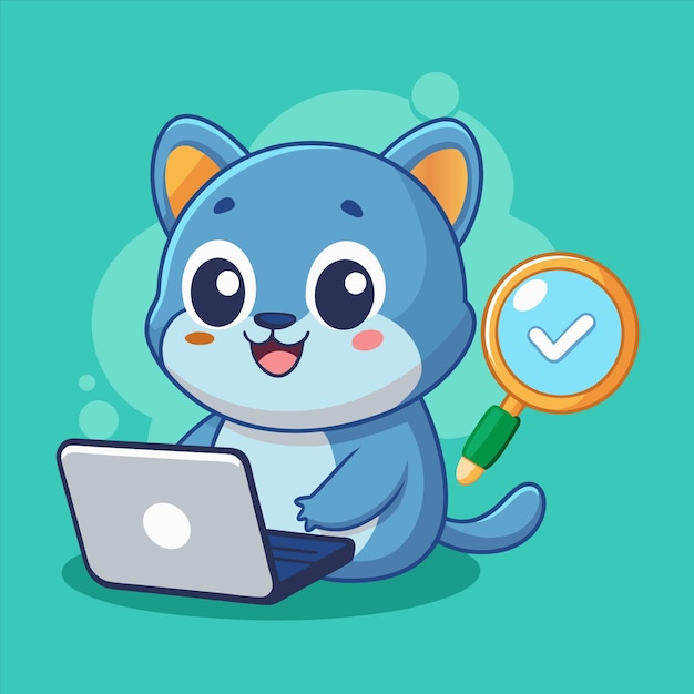 un gato de dibujos animados con una lupa está mirando una computadora portátil