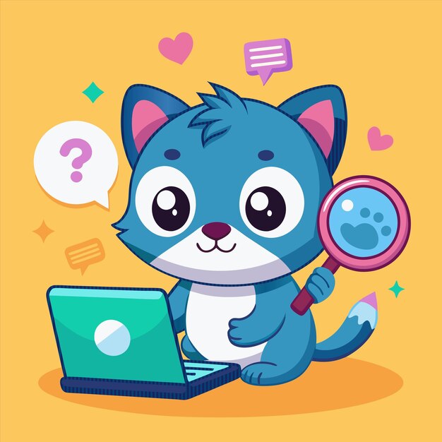 un gato de dibujos animados con una lupa está mirando una computadora portátil