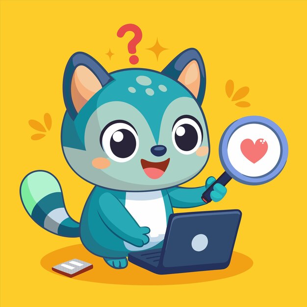 un gato de dibujos animados con una lupa mirando una computadora portátil
