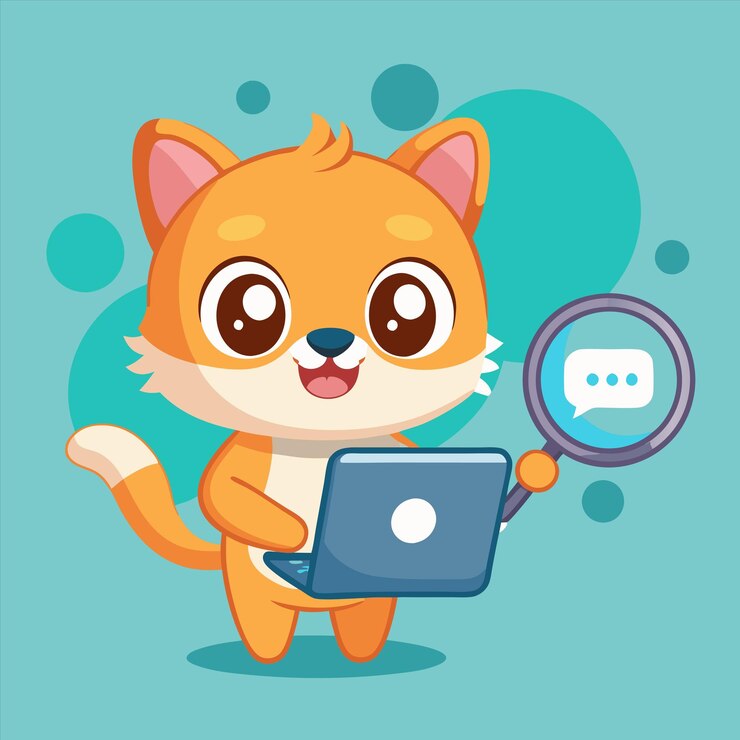 Vector un gato de dibujos animados mira una lupa