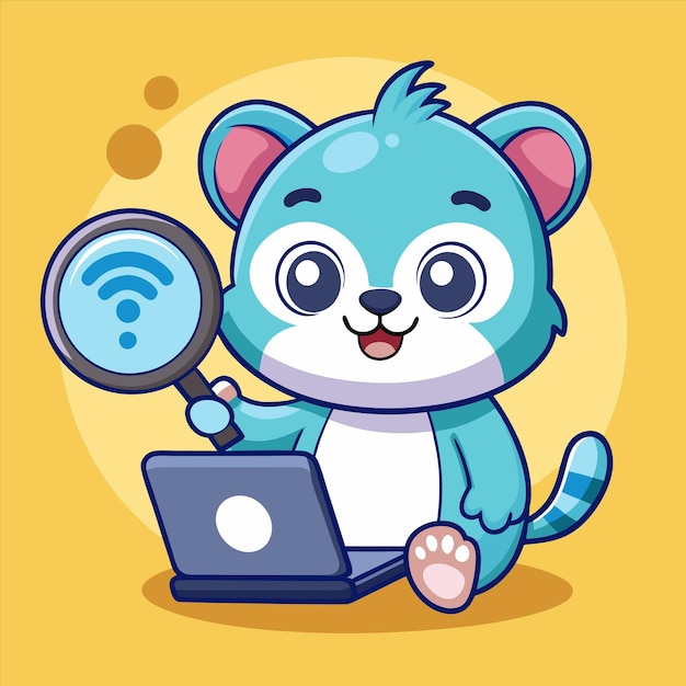 un gato de dibujos animados mirando una computadora portátil con una lupa