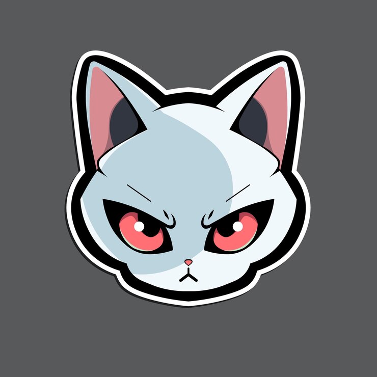 Un gato de dibujos animados con ojos rosados se muestra sobre un fondo gris.
