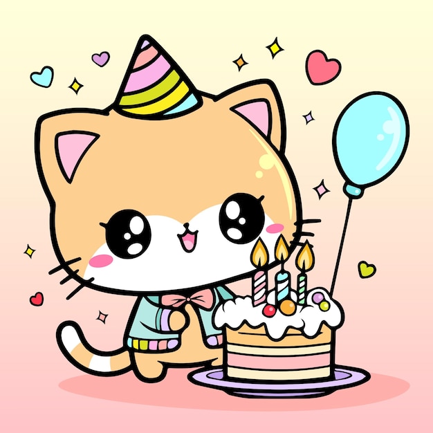 un gato de dibujos animados con un pastel de cumpleaños y un globo