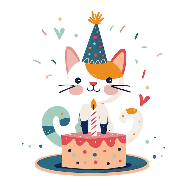 un gato de dibujos animados con un pastel de cumpleaños y una vela en él