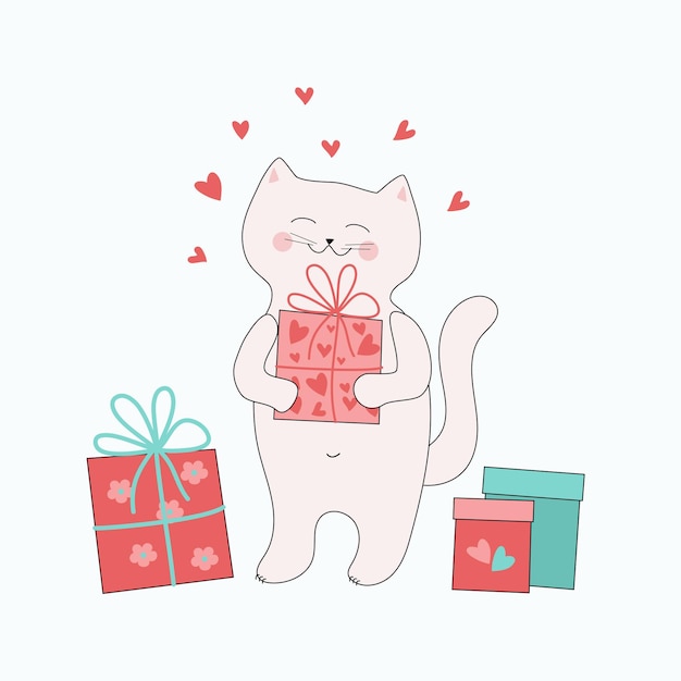 Gato de dibujos animados con un regalo y corazones lindo gatito y cajas de regalo regalos en embalaje festivo diseño de postal ilustración vectorial