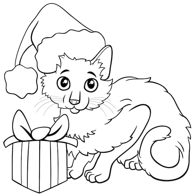 El gato de dibujos animados con regalo en la época de Navidad página de colorear