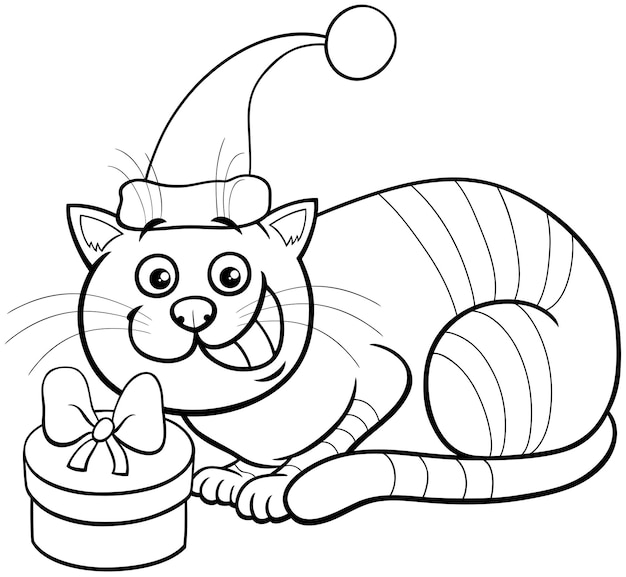 Gato de dibujos animados con regalo en Navidad para colorear, pintar e imprimir