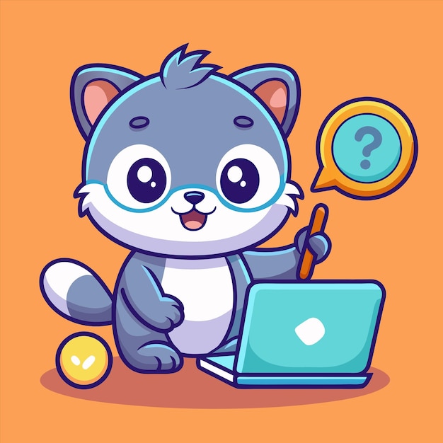un gato de dibujos animados se sienta al lado de una computadora portátil y una lupa