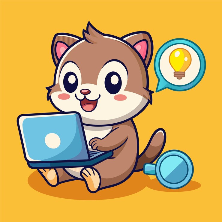 Vector un gato de dibujos animados se sienta con una computadora portátil y la palabra cita una cita en él