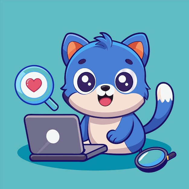 un gato de dibujos animados se sienta en el suelo con una computadora portátil y la palabra amor está en él