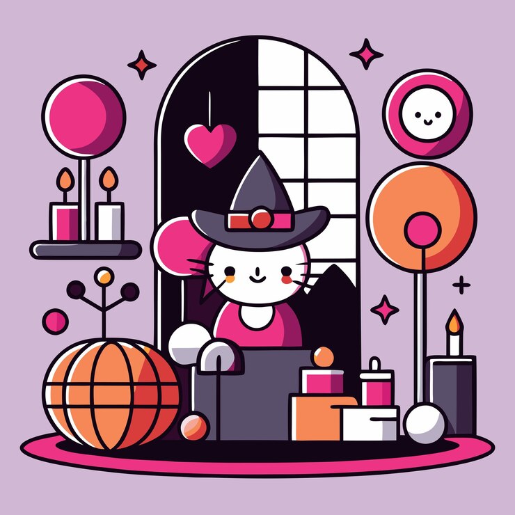 Vector un gato de dibujos animados con un sombrero y una caja de caramelos y una caixa de velas