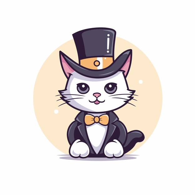 Gato de dibujos animados con sombrero y pajarita Ilustración vectorial