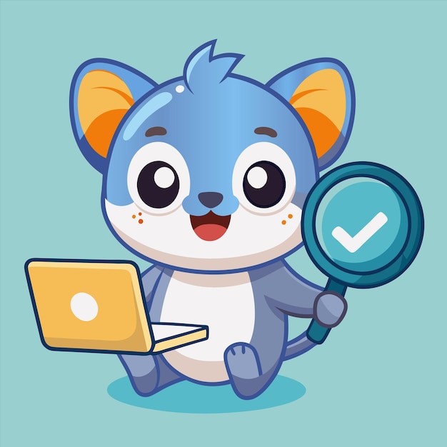 un gato de dibujos animados sosteniendo una lupa y una computadora portátil con una llave que dice "ok"