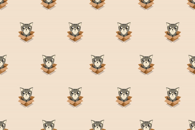 Gato de dibujos animados vector en caja de cartón de patrones sin fisuras