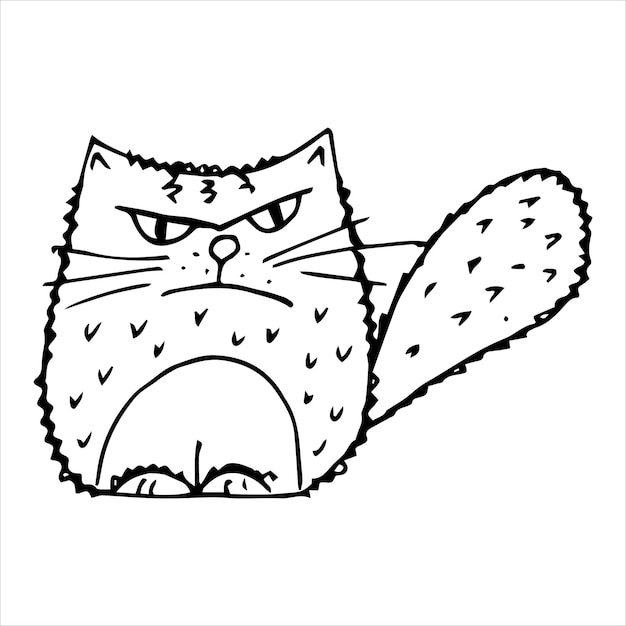 Gato divertido dibujado a mano en estilo garabato en blanco y negro
