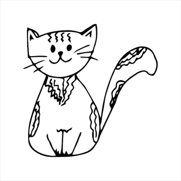 Gato divertido dibujado a mano en estilo garabato en blanco y negro