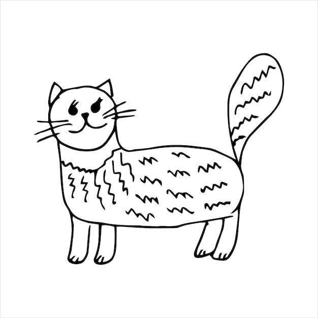 Gato divertido dibujado a mano en estilo garabato en blanco y negro