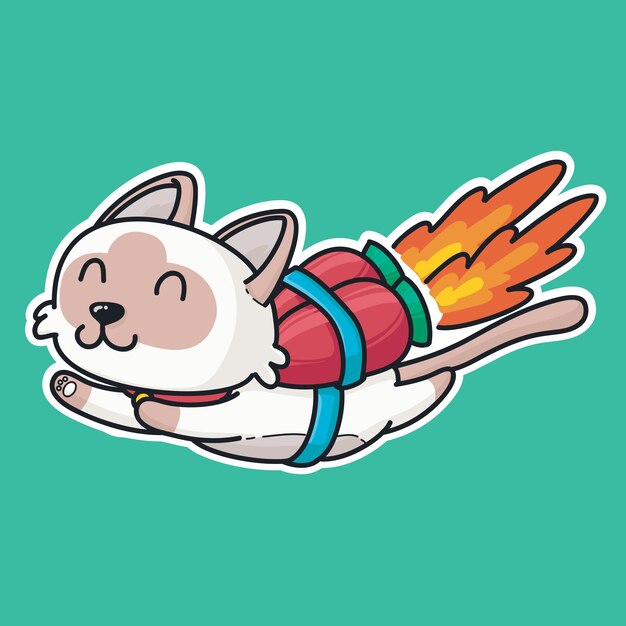 Gato divertido volar con cohete astronauta. personaje de mascota estilo de dibujos animados dibujados a mano para colorear