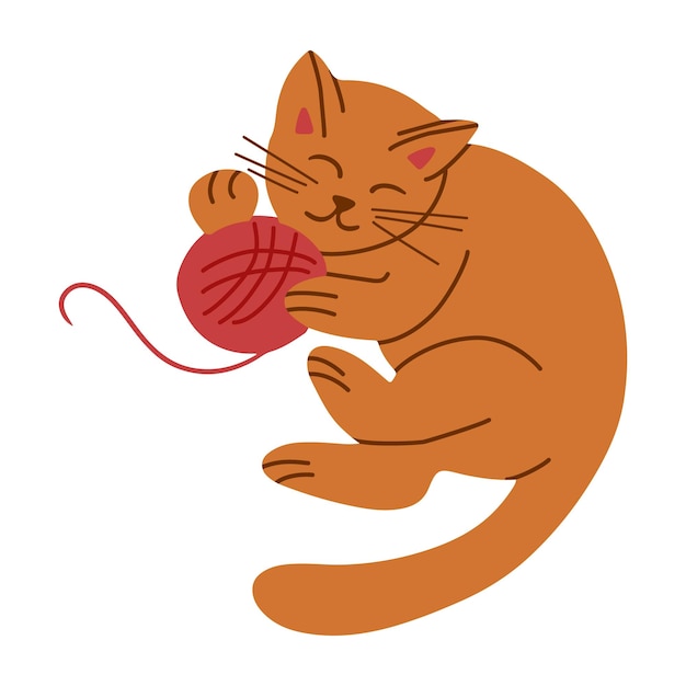 Gato dormido plano dibujado a mano acostado con una bola de lana Elementos dibujados a mano vectoriales en plano minimalista