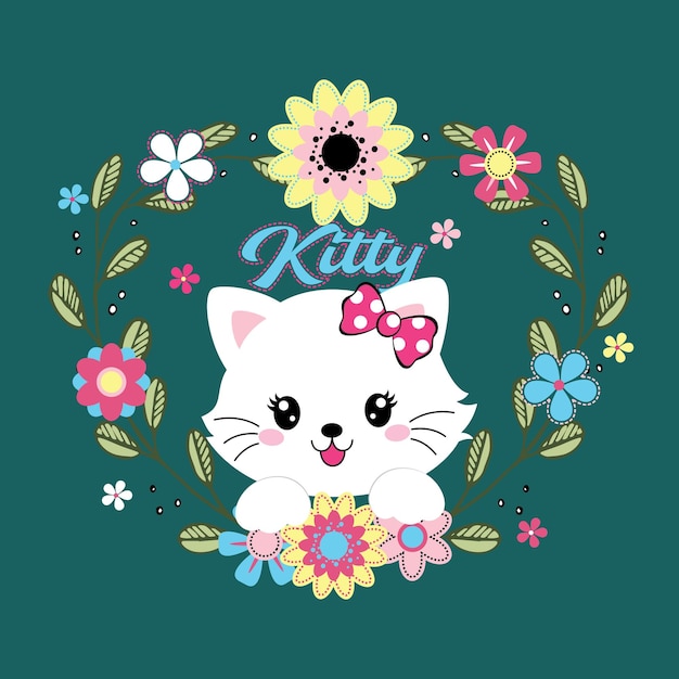 Vector gato dulce decorado con hermosas ilustraciones de vectores de flores