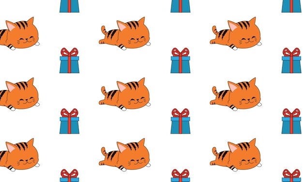 Gato durmiendo con caja de regalo en patrones sin fisuras. Diseño para su papel de regalo.