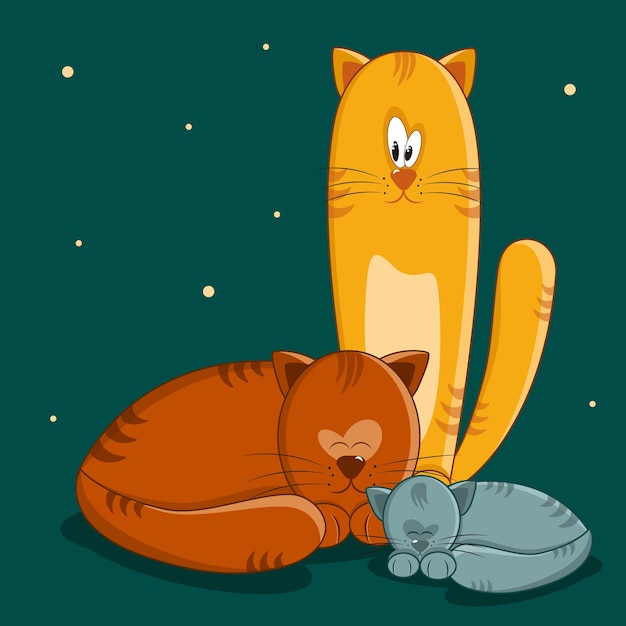 Gato durmiendo sobre un fondo turquesa Gato amarillo viendo todo Tres gatos Vector EPS10