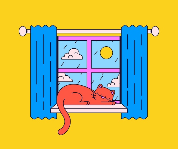 Gato durmiente en el alféizar de la ventana con ilustración de dibujos animados de luz solar
