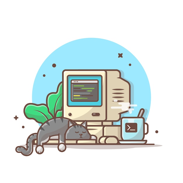 Gato durmiente en la computadora portátil con la ilustración de la planta y del café. Icono de espacio de trabajo aislado