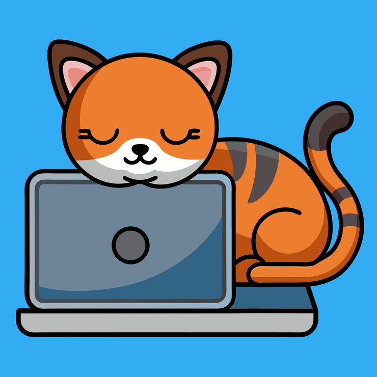 Vector gato durmiente en el portátil ilustración vectorial icono de espacio de trabajo oficina gato perezoso logotipo freelancer icono mascota logotipo estilo de dibujos animados plano adecuado para página de aterrizaje web banner flyer sticker card fondo