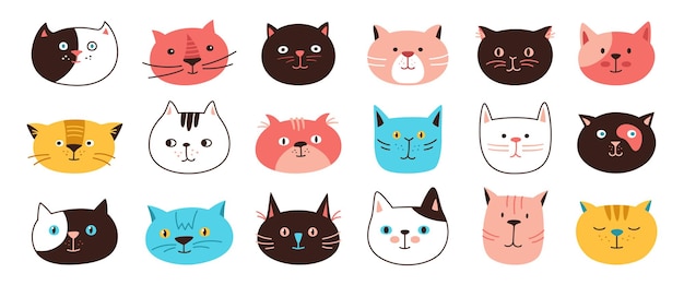 Gato emoción conjunto de caracteres lindo gatito kawaii caras infantil bebé línea doodle plano clipart pegatina