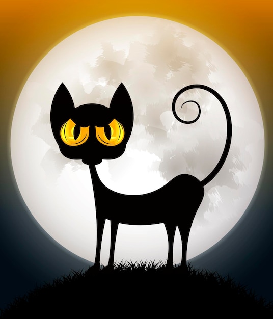 Gato enojado sobre fondo naranja espeluznante con luna llena, ilustración vectorial.