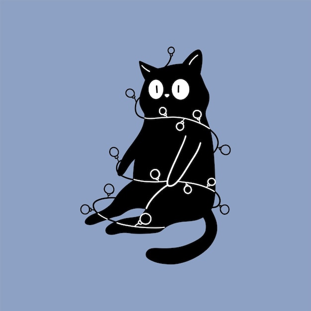 Gato enredado en las luces de Navidad