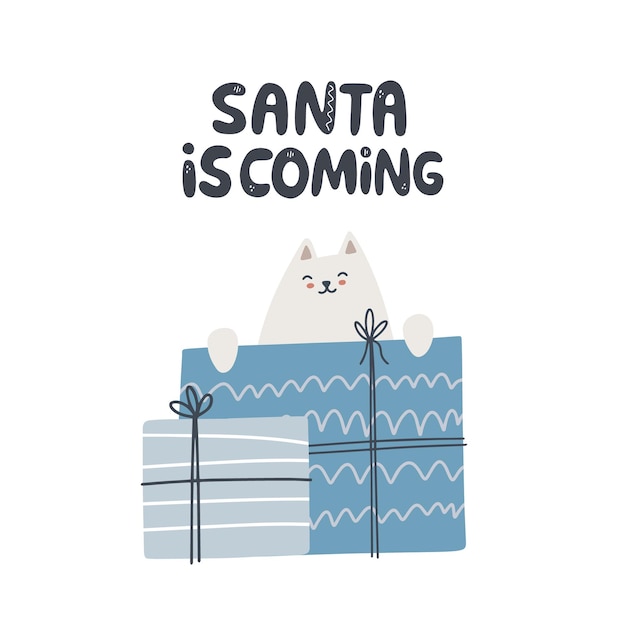 Gato escondido en regalos de navidad ilustración de vector dibujado a mano santa está viniendo letras