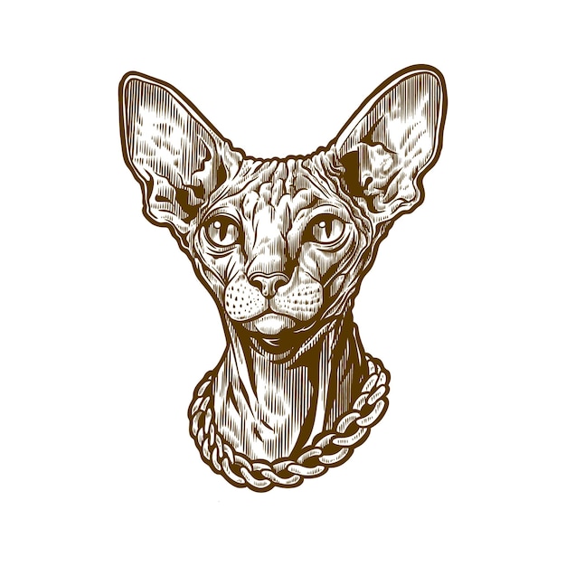 Vector gato esfinge con una gran cadena alrededor del cuello en el estilo de una antigua ilustración grabada
