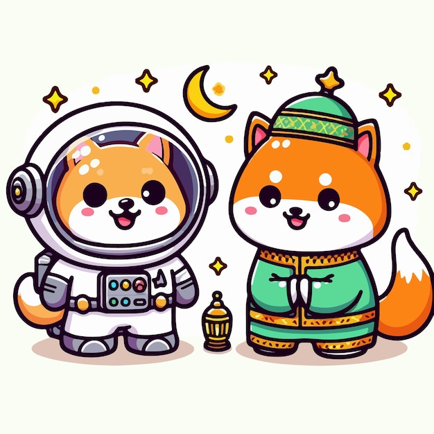 Vector gato espacial libre shiba inu y alien celebran la ilustración del icono vectorial de estilo dibujos animados