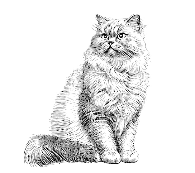 Gato esponjoso sentado boceto dibujado a mano estilo grabado ilustración vectorial