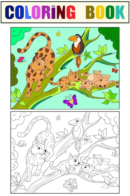 Gato familia mamá lince y gatitos conjunto niños libro para colorear e imagen en color