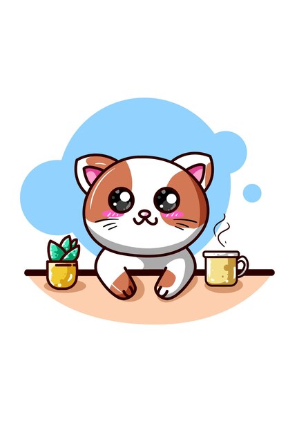 Un gato feliz con café y plantas ornamentales kawaii cartoon