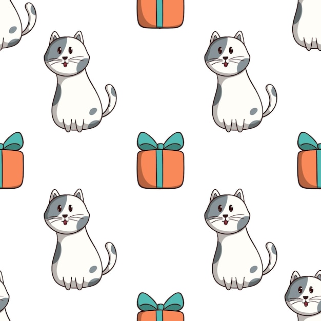 gato feliz con caja de regalo de patrones sin fisuras con estilo doodle de colores sobre fondo blanco