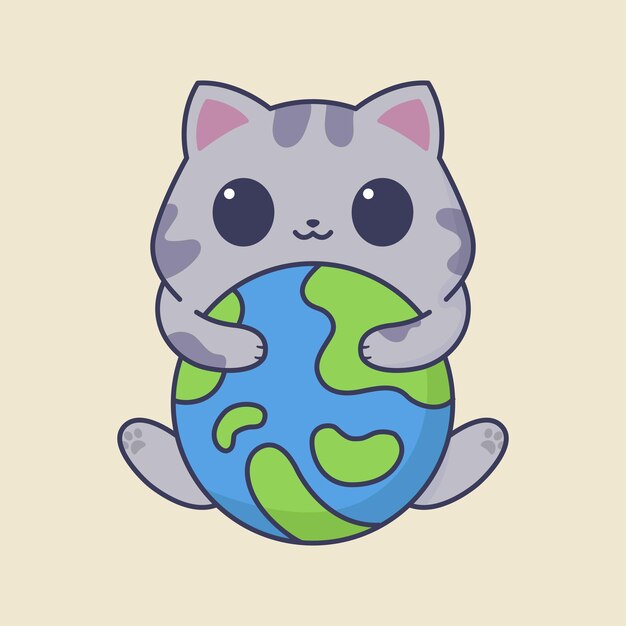 Gato feliz y lindo con dibujos animados de globo terrestre 2