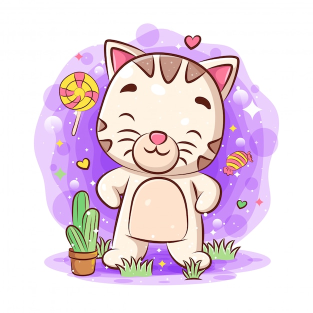 Vector gato feliz de pie en el jardín y flor de cactus en maceta