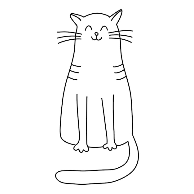 Gato feliz sentado en estilo garabato Ilustración vectorial dibujada a mano Contorno negro aislado