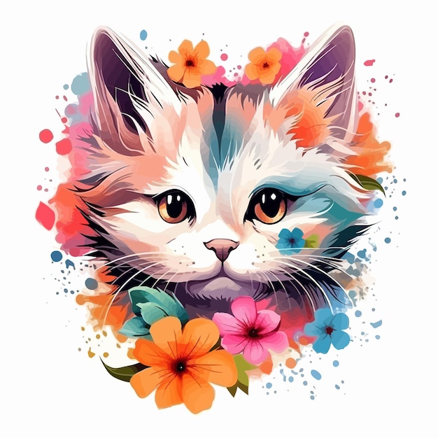 Un gato con una flor en la cabeza se dibuja en un diseño colorido